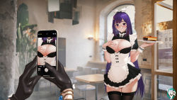 Rule 34 | 1girl, a-soul, apron, bella (a-soul), black gloves, black thighhighs, blush, breasts, cafe, cellphone, cleavage, earrings, frilled sleeves, frills, genshin impact, gloves, hair ribbon, hand on own chest, highres, indoors, jewelry, large breasts, maid, maid apron, phone, photo (medium), purple eyes, purple hair, raiden shogun, ribbon, thick thighs, thighhighs, thighs, tray, virtual youtuber, w.q.y, window