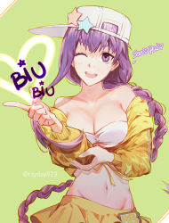 Rule 34 | 1girl, bad id, bad pixiv id, bare shoulders, baseball cap, bb (fate), bb (fate) (all), bb (swimsuit mooncancer) (fate), bb (swimsuit mooncancer) (first ascension) (fate), breasts, cleavage, csyday, fate/grand order, fate (series), hat, jacket, large breasts, long hair, looking at viewer, off shoulder, one eye closed, purple eyes, purple hair, sideways hat, skirt, solo, very long hair, yellow jacket, yellow skirt
