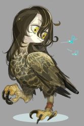 Rule 34 | 1girl, :3, amiami, bags under eyes, bird, brown hair, closed mouth, grey background, hair between eyes, long hair, monster girl, musical note, original, simple background, siren (mythology), smile, solo, talons, yellow eyes