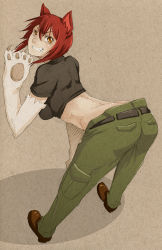 Rule 34 | 1girl, animal hands, ass, babydoll t-shirt, bad deviantart id, bad id, bankage, bent over, breasts, butt crack, cargo pants, crop top, fang, from behind, full body, gradient background, grin, kaibutsu oujo, looking back, midriff, pants, red hair, riza wildman, shoes, short hair, smile, solo, yellow eyes