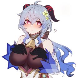 Rule 34 | 1girl, ahoge, bare shoulders, bell, black gloves, blue hair, blush, breasts, chigen (drakkai10), chinese knot, detached sleeves, embarrassed, flower, flower knot, flying sweatdrops, ganyu (genshin impact), genshin impact, gloves, hair flower, hair ornament, hand on own chest, highres, horns, large breasts, long hair, looking at viewer, neck bell, purple eyes, sidelocks, solo, upper body, vision (genshin impact), wavy mouth, white background, white sleeves