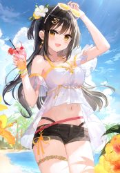 Rule 34 | 1girl, absurdres, bare shoulders, beach, belt, black hair, blue sky, blush, bow, bowtie, breasts, cherry, cloud, cloudy sky, day, drinking straw, earrings, eyewear on head, fingernails, flower, food, fruit, fuumi (radial engine), hair flower, hair ornament, hibiscus, highres, ice cream, jewelry, long hair, looking at viewer, medium breasts, midriff, nail polish, navel, open mouth, original, outdoors, palm leaf, palm tree, scan, shiny skin, shorts, simple background, sky, smile, solo, stomach, sundae, sunglasses, thigh strap, tree, water, water drop, yellow eyes