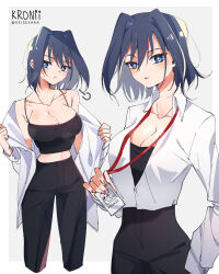 Rule 34 | 1girl, absurdres, bare shoulders, black camisole, blue eyes, blue hair, blush, border, breasts, buttons, camisole, cleavage, collarbone, collared shirt, commentary, dress pants, english commentary, fingernails, hair intakes, highres, hololive, hololive english, keisea, lanyard, large breasts, lips, long sleeves, looking at viewer, medium hair, midriff, multiple views, office lady, open clothes, open shirt, ouro kronii, pants, parted lips, shirt, signature, simple background, sweat, sweat stain, undressing, virtual youtuber, white border, white shirt