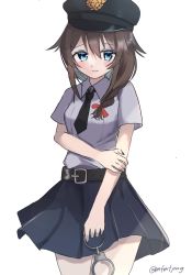 Rule 34 | 1girl, alternate costume, belt, black belt, black necktie, blue eyes, blue skirt, blush, braid, breasts, cuffs, hair between eyes, hair flaps, hair ribbon, handcuffs, hat, highres, holding, holding handcuffs, kantai collection, looking at viewer, necktie, one-hour drawing challenge, police, police hat, red ribbon, ribbon, shigure (kancolle), shirt, simple background, single braid, skirt, small breasts, solo, white background, white shirt, yoshino (mfmfpng)