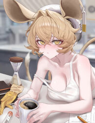 Rule 34 | 1girl, animal ears, arknights, bare shoulders, beret, blonde hair, blush, breast rest, breasts, breasts on table, cleavage, closed mouth, coffee, coffee mug, collarbone, cup, dorothy (arknights), drink, earclip, gloves, hair intakes, hat, highres, holding, holding drink, hourglass, indoors, large breasts, looking at viewer, mildt, mouse ears, mouse girl, mug, notebook, paper, pen, ringed eyes, shirt, sleeveless, sleeveless shirt, solo, steam, strap slip, sweatdrop, unworn gloves, upper body, white hat, white shirt, yellow eyes, yellow gloves