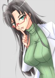 Rule 34 | 10s, 1girl, black hair, breasts, coat, coralbite, glasses, green eyes, hasegawa chisato, highres, large breasts, long hair, shinmai maou no testament, solo, turtleneck