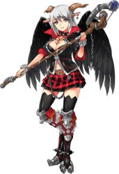 Rule 34 | 1girl, animal ears, artist request, belt, belt buckle, black feathers, black thighhighs, black wings, breasts, buckle, chain, cleavage, collar, feathered wings, feathers, full body, goat ears, goat legs, horizontal pupils, horns, inverted cross earrings, inverted cross necklace, large breasts, medium hair, armored boots, midriff, monster girl, monster musume no iru nichijou, monster musume no iru nichijou online, navel, official art, plaid, plaid skirt, skirt, solo, sophia (monster musume), spiked collar, spikes, staff, thighhighs, transparent background, white hair, wings, zettai ryouiki