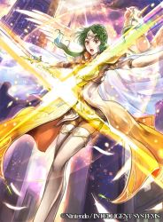 Rule 34 | 1girl, armor, boots, bracelet, breastplate, brown eyes, brown pants, elincia ridell crimea, feathers, fire emblem, fire emblem: path of radiance, floating hair, from below, green hair, headpiece, holding, holding sword, holding weapon, jewelry, long hair, nintendo, open mouth, outstretched arms, pants, solo, sword, thigh boots, thighhighs, unicorn, wada sachiko, weapon, white armor, white feathers, white footwear