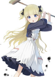 Rule 34 | 1girl, apron, black dress, blonde hair, blue eyes, blush, broom, dress, emilico (shadows house), highres, holding, holding broom, long sleeves, looking at viewer, open mouth, shadows house, simple background, solo, standing, two side up, wasabi60, white apron, white background