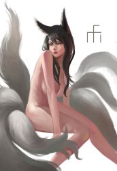 Rule 34 | 1girl, absurdres, ahri (league of legends), animal ears, arm support, black hair, breasts, facial mark, highres, large breasts, league of legends, lipstick, long hair, looking to the side, makeup, midfinger, multiple tails, nude, simple background, sitting, solo, tail, whisker markings, white background