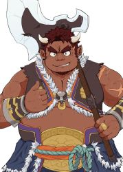 Rule 34 | 1boy, axe, bara, belly, brown hair, cow boy, cow horns, cross scar, dark-skinned male, dark skin, facial hair, forked eyebrows, goatee, grin, holding, holding axe, horns, large pectorals, long sideburns, looking at viewer, male focus, muscular, muscular male, over shoulder, pectoral cleavage, pectorals, scar, scar on arm, short hair, sideburns, sleeveless, smile, solo, tetsuox (housamo), thick eyebrows, tokyo houkago summoners, upper body, weapon, weapon over shoulder, yakiniku0141
