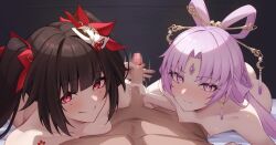 Rule 34 | 1boy, 2girls, absurdres, blunt bangs, breasts, brown hair, censored, closed mouth, completely nude, cooperative handjob, ffm threesome, forehead jewel, fox mask, fu xuan (honkai: star rail), group sex, hair ornament, handjob, highres, honkai: star rail, honkai (series), long hair, looking at viewer, mask, mask on head, mosaic censoring, multiple girls, nah, naughty face, nipples, nude, parted bangs, penis, pink eyes, pink hair, red eyes, shiratategosha, small breasts, smile, sparkle (honkai: star rail), threesome, twintails