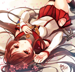 Rule 34 | 10s, 1girl, breasts, brown eyes, brown hair, cherry blossoms, flower, hair flower, hair ornament, kantai collection, large breasts, long hair, looking at viewer, lying, miniskirt, one-hour drawing challenge, personification, pleated skirt, ponytail, signature, skirt, solo, toosaka asagi, yamato (kancolle)