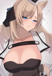 Rule 34 | 1girl, animal ear fluff, animal ears, arknights, arm under breasts, black hat, blonde hair, blue eyes, breasts, collarbone, commentary request, crossed arms, garrison cap, hat, head tilt, highres, horse ears, large breasts, long hair, looking at viewer, parted lips, sanukiske, simple background, solo, strapless, thick eyebrows, upper body, whislash (arknights), white background