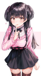 Rule 34 | 1girl, absurdres, bad id, bad pixiv id, black hair, black neckwear, black ribbon, black skirt, black thighhighs, blunt bangs, blush, breasts, brown eyes, commentary, hair ribbon, highres, idolmaster, idolmaster shiny colors, large breasts, long hair, long sleeves, looking at viewer, mayuzumi fuyuko, pink ribbon, pink shirt, ribbon, shirt, simple background, skirt, solo, thighhighs, tokkyu, tongue, tongue out, two side up, white background, zettai ryouiki