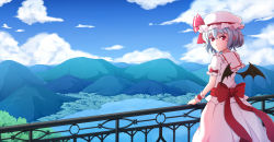 Rule 34 | 1girl, astrot (zwd4310100), balcony, bat wings, blue hair, blue sky, cloud, day, forest, hat, hat ribbon, highres, lake, light smile, looking at viewer, looking back, mob cap, mountain, nature, pink hat, puffy short sleeves, puffy sleeves, red eyes, remilia scarlet, ribbon, sash, scenery, short hair, short sleeves, skirt, skirt set, sky, solo, touhou, wings, wrist cuffs
