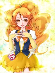 Rule 34 | 10s, 1girl, arm warmers, blonde hair, blush, bow, clover, cure honey, earrings, elbow gloves, eyelashes, closed eyes, four-leaf clover, frilled skirt, frills, gloves, hair ornament, hand on own chest, happinesscharge precure!, jewelry, long hair, magical girl, oomori yuuko, ponytail, precure, ribbon, sam (sumtk36), short sleeves, skirt, smile, solo, very long hair, wavy hair, wrist cuffs, yellow eyes, yellow skirt