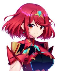 Rule 34 | 1girl, absurdres, black gloves, bob cut, breasts, chest jewel, circlet, closed mouth, core crystal (xenoblade), earrings, fingerless gloves, gloves, highres, impossible clothes, jewelry, large breasts, looking at viewer, pyra (xenoblade), red eyes, red hair, short hair, short sleeves, simple background, smile, solo, split mouth, swept bangs, tsukinaga, upper body, white background, xenoblade chronicles (series), xenoblade chronicles 2