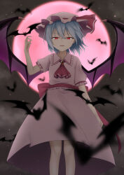 Rule 34 | 1girl, absurdres, back bow, bat (animal), bat wings, blue hair, blurry, bow, chest jewel, cloud, collar, collarbone, commentary request, depth of field, dress, eyelashes, fang, fingernails, frilled collar, frilled sleeves, frills, full moon, half-closed eyes, hand up, hat, hat bow, highres, long fingernails, looking at viewer, medium hair, mob cap, moon, neckerchief, night, open mouth, pink dress, puffy short sleeves, puffy sleeves, red bow, red eyes, red moon, red neckerchief, remilia scarlet, sharp fingernails, short sleeves, slit pupils, smile, solo, standing, szl, touhou, v-shaped eyebrows, vampire, white hat, wing collar, wings