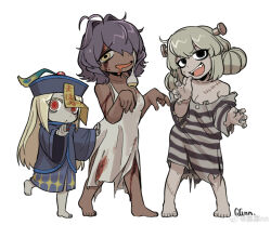 3girls ahoge araga_kiwi artist_name barefoot black_eyes black_hair blonde_hair chinese_clothes dangling_eye dress drooling full_body guagua977 hair_over_one_eye highres hiiragi_utena jiangshi long_hair looking_at_viewer mahou_shoujo_ni_akogarete medium_hair morino_korisu multiple_girls open_mouth outstretched_arms red_eyes scar simple_background striped_clothes teeth upper_teeth_only white_background yellow_eyes zombie zombie_pose