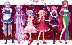 Rule 34 | 6+girls, adapted costume, arm ribbon, ascot, bat wings, black nails, black socks, black thighhighs, blonde hair, blue hair, blunt bangs, book, boots, braid, breasts, bridal garter, china dress, chinese clothes, crescent, crescent moon, crossed arms, detached sleeves, dress, embodiment of scarlet devil, female focus, fingernails, flandre scarlet, framed breasts, garter straps, grin, hair over one eye, hands on own hips, hat, head wings, high heels, highres, hong meiling, izayoi sakuya, kneehighs, knife, koakuma, legs, long fingernails, long hair, long sleeves, looking at viewer, maid, maid headdress, moon, multiple girls, nail polish, necktie, parted lips, patchouli knowledge, petals, pink nails, pleated skirt, ponytail, purple hair, purple nails, red eyes, red hair, red nails, remilia scarlet, ribbon, sayori (neko works), shoes, short hair, siblings, side ponytail, side slit, silver hair, sisters, skirt, slit pupils, smile, socks, stairs, standing, thighhighs, throwing knife, touhou, twin braids, uniform, wallpaper, weapon, wings, wrist cuffs, zettai ryouiki
