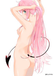 Rule 34 | 1girl, alternate hairstyle, armpits, arms up, ass, back, blush, breasts, closed mouth, cowboy shot, demon tail, from behind, lala satalin deviluke, long hair, looking at viewer, looking back, medium breasts, murio, nipples, nude, ponytail, profile, sidelocks, simple background, solo, standing, tail, to love-ru, twitter username, tying hair, very long hair, white background