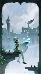 Rule 34 | 1boy, absurdres, aixixixixi, aqua hair, artist name, beret, bird, black hair, braid, brown footwear, building, cape, capelet, chromatic aberration, city, cloud, cloudy sky, collared capelet, corset, dandelion seed, dated, day, floating hair, frilled sleeves, frills, genshin impact, gradient hair, green cape, green capelet, green hat, green shorts, hair between eyes, hand up, hat, highres, house, long sleeves, male focus, mountain, multicolored hair, pantyhose, plant, profile, shirt, shoes, shooting star, short hair with long locks, shorts, side braids, sidelocks, sitting, sky, solo, statue, swept bangs, tower, tree, twin braids, venti (genshin impact), vines, water, watermark, white pantyhose, white shirt