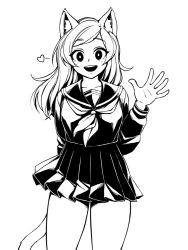Rule 34 | 1girl, :d, animal ears, black serafuku, cat ears, cat tail, commentary, cowboy shot, english commentary, greyscale, hand up, heart, inktober, long hair, long sleeves, looking at viewer, monochrome, monorus, open mouth, original, pleated skirt, school uniform, serafuku, simple background, skirt, smile, solo, tail, waving