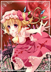 Rule 34 | 1girl, ascot, blonde hair, bow, dutch angle, fang, female focus, fence, flandre scarlet, framed, full moon, gate, hat, hat bow, kino (kino konomi), kino konomi, looking at viewer, mob cap, moon, night, open mouth, outstretched arms, pink eyes, puffy sleeves, red moon, sash, scarlet devil mansion, shirt, short sleeves, side ponytail, skirt, skirt set, sky, smile, solo, team shanghai alice, touhou, vest, wings