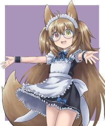 Rule 34 | 1girl, :d, animal ears, antenna hair, apron, black dress, blue-framed eyewear, blue bow, bow, brown hair, commentary request, commission, dress, frilled apron, frilled dress, frills, glasses, hair between eyes, heterochromia, highres, long hair, looking at viewer, m.m, maid, maid apron, maid headdress, open mouth, original, outstretched arms, puffy short sleeves, puffy sleeves, purple background, red eyes, semi-rimless eyewear, short sleeves, skeb commission, smile, solo, tail, teeth, two-tone background, two side up, under-rim eyewear, upper teeth only, very long hair, white apron, white background, wrist cuffs, yellow eyes