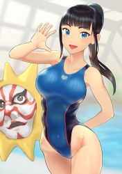 Rule 34 | 1girl, aoi ch., black hair, blue eyes, blue one-piece swimsuit, blunt bangs, competition swimsuit, cowboy shot, dokiyuri, fuji aoi, highleg, highleg swimsuit, highres, long sleeves, looking at viewer, mask, mole, mole under eye, one-piece swimsuit, open mouth, ponytail, rei no pool, smile, solo, swimsuit, virtual youtuber
