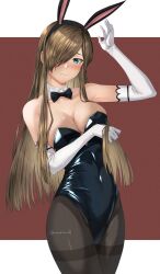 Rule 34 | 1girl, arm up, armpit crease, bare shoulders, blue eyes, blush, bow, bowtie, breasts, brown hair, cleavage, collarbone, detached sleeves, hair over one eye, large breasts, leotard, long hair, looking at viewer, pantyhose, playboy bunny, rourou ill, sidelocks, simple background, solo, tales of (series), tales of the abyss, tear grants