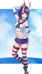 Rule 34 | 1girl, absurdres, arm up, armpits, bare shoulders, black neckerchief, black panties, blue sailor collar, blue sky, blush, bob cut, border, breasts, buttons, collarbone, commission, cosplay, crop top, day, dootmoon, elbow gloves, eyeliner, fangs, fate/grand order, fate (series), frontal wedgie, gloves, headpiece, highleg, highleg panties, highres, horns, kantai collection, legs, looking at viewer, makeup, midriff, miniskirt, navel, neckerchief, oni, open mouth, panties, panty pull, purple eyes, purple hair, rudder footwear, sailor collar, school uniform, serafuku, shimakaze (kancolle), shimakaze (kancolle) (cosplay), shirt, short eyebrows, short hair, shuten douji (fate), skin-covered horns, skirt, sky, small breasts, smile, solo, striped clothes, striped thighhighs, thighhighs, thong, underwear, wedgie, white border, white gloves, white shirt