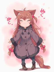 Rule 34 | 1girl, :3, ^ ^, animal ears, antenna hair, black pantyhose, boots, bow, braid, brown coat, brown footwear, brown hair, closed eyes, closed mouth, coat, commentary request, dog ears, dog girl, dog tail, closed eyes, facing viewer, full body, fur-trimmed boots, fur-trimmed coat, fur-trimmed sleeves, fur trim, hair bobbles, hair bow, hair ornament, hairclip, heart, highres, long hair, long sleeves, makuran, momiji (makuran), one side up, original, pantyhose, pigeon-toed, red bow, short eyebrows, sleeves past wrists, solo, standing, star (symbol), star hair ornament, tail, thick eyebrows, translation request, twin braids, v-shaped eyebrows, very long hair