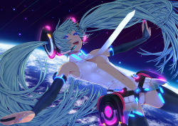 Rule 34 | 1girl, blue eyes, bridal gauntlets, center opening, green hair, hatsune miku, hatsune miku (append), headset, highres, long hair, navel, nayu, necktie, neon trim, open mouth, outstretched arms, solo, space, spread arms, thighhighs, twintails, very long hair, vocaloid, vocaloid append