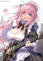 Rule 34 | 1girl, alternate costume, apron, aqua eyes, black bow, black dress, blush, bocchi the rock!, bow, breasts, cleavage, creature, cube hair ornament, detached collar, dress, electric guitar, enmaided, fingernails, gibson les paul, gotoh hitori, gotoh hitori (octopus), guitar, hair between eyes, hair ornament, hong (white spider), instrument, large breasts, long hair, looking at viewer, maid, maid headdress, music, open mouth, patreon logo, patreon username, pink hair, pink nails, playing instrument, plectrum, signature, simple background, solo, tearing up, tears, trembling, white apron, white background, white headwear, white wrist cuffs, wrist cuffs