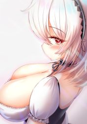 Rule 34 | 1girl, anchor choker, azur lane, breasts, cleavage, dress, frilled dress, frills, from above, from side, highres, large breasts, ogamaru, puffy short sleeves, puffy sleeves, red eyes, short sleeves, simple background, sirius (azur lane), solo, white background, white hair
