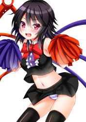 Rule 34 | 1girl, adapted costume, asymmetrical wings, black hair, black thighhighs, blush, bow, breasts, cheerleader, covered erect nipples, crop top, crop top overhang, ebi 193, fang, houjuu nue, looking at viewer, md5 mismatch, midriff, navel, open mouth, panties, pantyshot, pink eyes, pom pom (cheerleading), shiny skin, short hair, skindentation, skirt, solo, striped clothes, striped panties, thighhighs, touhou, underwear, upskirt, white background, wings