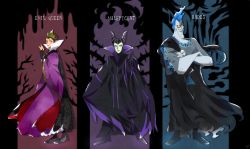 Rule 34 | 1boy, 2girls, airagency1005, black gloves, blue hair, cape, colored sclera, colored skin, crossover, crown, disney, dress, earrings, eyeshadow, fiery hair, fire, gloves, green eyes, green skin, hades (disney), hat, hercules (disney), highres, horns, jewelry, lipstick, makeup, maleficent, multiple girls, pointy ears, queen grimhilde, short hair, sleeping beauty, smile, snow white and the seven dwarfs, staff, yellow eyes, yellow sclera