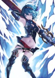 Rule 34 | 1girl, absurdres, alternate eye color, alternate hair color, arm guards, armor, armpits, bare shoulders, belt, blue background, blue eyes, blue hair, boots, breasts, cleavage, cleavage cutout, clothing cutout, commentary request, djeeta (granblue fantasy), elbow gloves, faulds, gauntlets, gloves, granblue fantasy, hairband, highres, holding, holding weapon, knee guards, medium breasts, midriff, navel, nekobell, purple hairband, red shorts, sheath, sheathed, shin guards, short hair, short shorts, shorts, solo, thigh boots, thighhighs, two-tone background, weapon, white background
