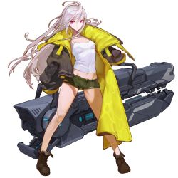 Rule 34 | 1girl, antenna hair, boots, coat, emily (last origin), full body, game cg, green shorts, highres, huge weapon, last origin, long coat, long hair, navel, official art, red eyes, rorobomb, shorts, silver hair, solo, tachi-e, tank top, torn clothes, torn shorts, transparent background, very long hair, weapon