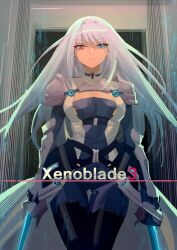 Rule 34 | 1girl, armor, blue eyes, breast tattoo, breasts, cleavage, cleavage cutout, closed mouth, clothing cutout, ethel (xenoblade), grey hair, heterochromia, holding, large breasts, long hair, looking at viewer, moyashi mou2, red eyes, shoulder armor, solo, sword, tattoo, very long hair, weapon, xenoblade chronicles (series), xenoblade chronicles 3