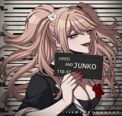 Rule 34 | 1girl, :d, artist name, bear hair ornament, black shirt, blonde hair, bow, breasts, character name, cleavage, criis-chan, danganronpa: trigger happy havoc, danganronpa (series), enoshima junko, grey eyes, hair ornament, hand up, holding, holding sign, large breasts, meme, nail polish, open mouth, red bow, red nails, shirt, sign, smile, solo, teeth, twintails