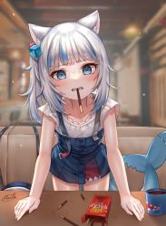 Rule 34 | 1girl, absurdres, animal ears, blue eyes, blue overalls, blunt bangs, blush, booth seating, buttons, cat ears, collarbone, commentary, cup, english commentary, fins, fish tail, food, gawr gura, gawr gura (casual), hair ornament, highres, hololive, hololive english, indoors, leaning on table, long hair, looking at viewer, miko no kamiko, mug, multicolored hair, one side up, open mouth, overalls, pocky, pocky day, restaurant, shark tail, sharp teeth, shirt, silver hair, solo, streaked hair, sweatdrop, table, tail, teeth, virtual youtuber, white shirt
