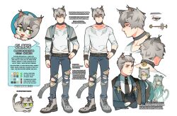 Rule 34 | 2boys, 2girls, 700hash, animal, animal ears, animalization, bell, black collar, black gloves, boots, brother and sister, cat, cat boy, cat ears, cat girl, cat tail, character sheet, chibi, closed mouth, collar, commentary, denim, english commentary, english text, fingernails, full body, gloves, green eyes, grey hair, grey jacket, half gloves, hand on own hip, highres, jacket, jeans, long hair, long sleeves, looking at viewer, midriff, multicolored hair, multiple boys, multiple girls, multiple views, neck bell, original, pants, paw shoes, sharp fingernails, shirt, short hair, siblings, simple background, standing, streaked hair, tail, torn clothes, torn jeans, torn pants, torn shirt, very short hair, white background, white shirt