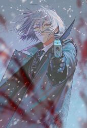 Rule 34 | 1boy, absurdres, aiming, aiming at viewer, black coat, black jacket, black necktie, blood, closed mouth, coat, collared shirt, commentary, english commentary, eyelashes, floating hair, glasses, glock, gloves, green eyes, grey hair, gun, hair between eyes, hand up, handgun, high collar, highres, holding, holding gun, holding weapon, jacket, lapels, long sleeves, looking at viewer, male focus, medium hair, necktie, on (onon2659), open clothes, open coat, original, popped collar, pov, round eyewear, serious, shirt, sidelocks, snowing, solo, tie clip, weapon, white shirt, wing collar