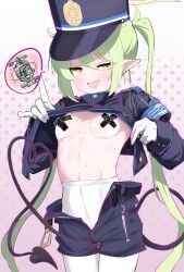 Rule 34 | 1girl, belt, blue archive, blush, breasts, clothes lift, demon tail, fang, gloves, green hair, halo, hat, lifted by self, long hair, long sleeves, looking at viewer, maro4ka, midriff, navel, nozomi (blue archive), open mouth, pantyhose, pasties, pointy ears, shirt lift, shorts, simple background, skin fang, small breasts, smile, solo, sweat, tail, tape, tape on nipples, twintails, unzipped, white pantyhose, yellow eyes