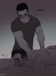 Rule 34 | 2boys, artist name, bara, bed, blush, call of duty, call of duty: modern warfare 2, clenched teeth, closed eyes, facial hair, highres, kurooxyuroo, lying, male focus, massage, monochrome, multiple boys, muscular, muscular male, on bed, on stomach, pants, rudy (modern warfare 2), shirt, short hair, teeth, translation request, victor 1-1 (modern warfare 2), yaoi