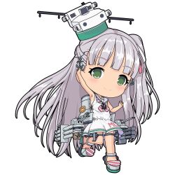 Rule 34 | 1girl, anchor hair ornament, anchor necklace, arm up, armpits, bare arms, bare legs, bare shoulders, blunt bangs, chain, dress, full body, green eyes, grey hair, hair ornament, hair ribbon, headgear, jewelry, kantai collection, leg up, long hair, looking at viewer, low-cut armhole, machinery, maestrale (kancolle), neckerchief, necklace, no socks, one-take, one side up, propeller, ribbon, sailor collar, sailor dress, side-tie dress, sleeveless, sleeveless dress, smile, smokestack, solo, striped neckerchief, tan, tanline, thigh strap, torpedo tubes, turret, white dress, white ribbon