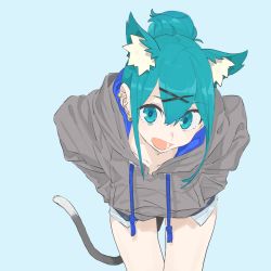 Rule 34 | 1girl, :d, animal ears, aqua eyes, aqua hair, blue background, cat ears, cat tail, commentary request, drawstring, earrings, eir (machi), grey hoodie, hair bun, hair ornament, hands in pockets, highres, hood, hood down, hoodie, jewelry, leaning forward, long sleeves, looking at viewer, machi (wm), open mouth, original, pockets visible, short shorts, shorts, sidelocks, simple background, single hair bun, smile, solo, tail, x hair ornament